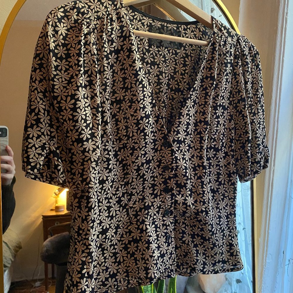 Reformation Sweetie Top Black Floral Print Peplum V-Neck 3/4 Sleeve